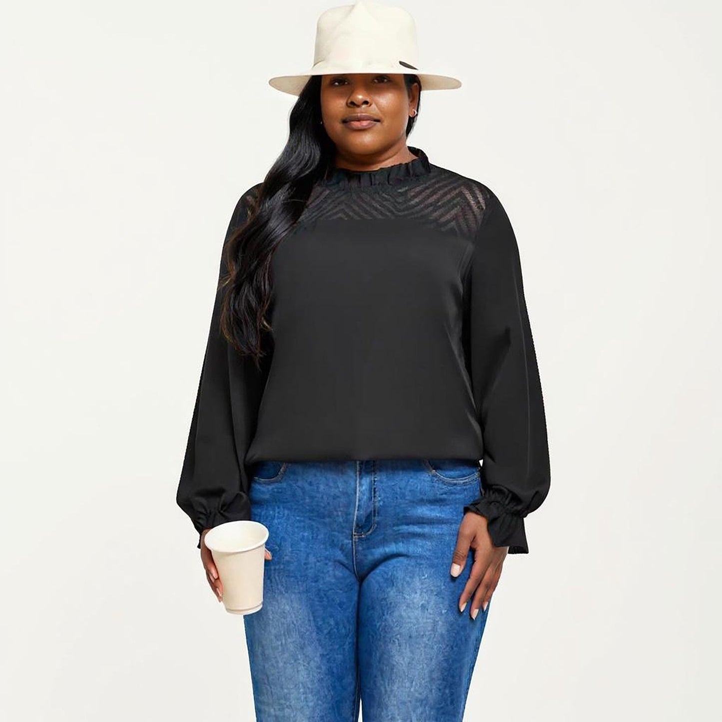 Plus Size Long Sleeve High Neck Pullover Blouse with Textured Sheer Yoke and Gathered Cuffs
