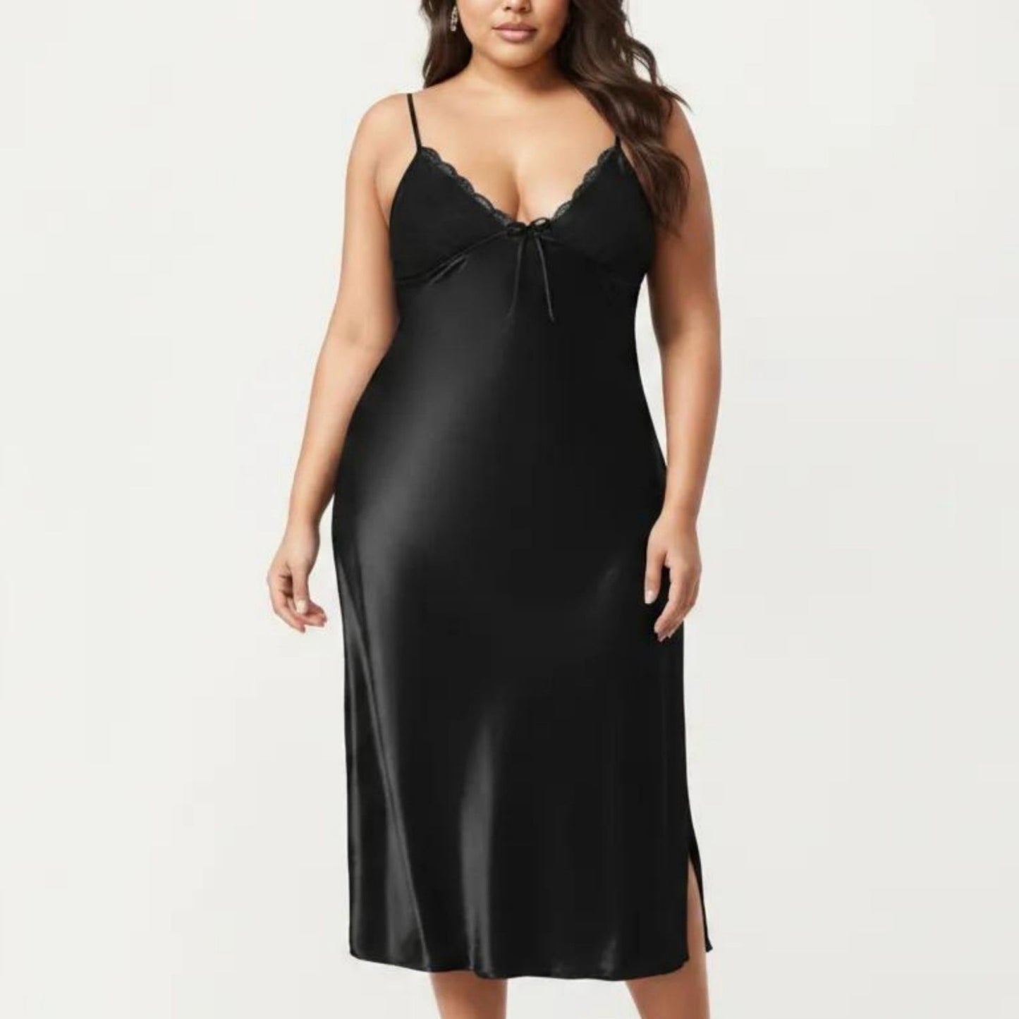 Plus Size Satin Chemise Nightgown with Lace Trim Neckline Adjustable Straps Side Slit Slip Dress