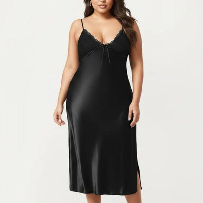 Plus Size Satin Chemise Nightgown with Lace Trim Neckline Adjustable Straps Side Slit Slip Dress
