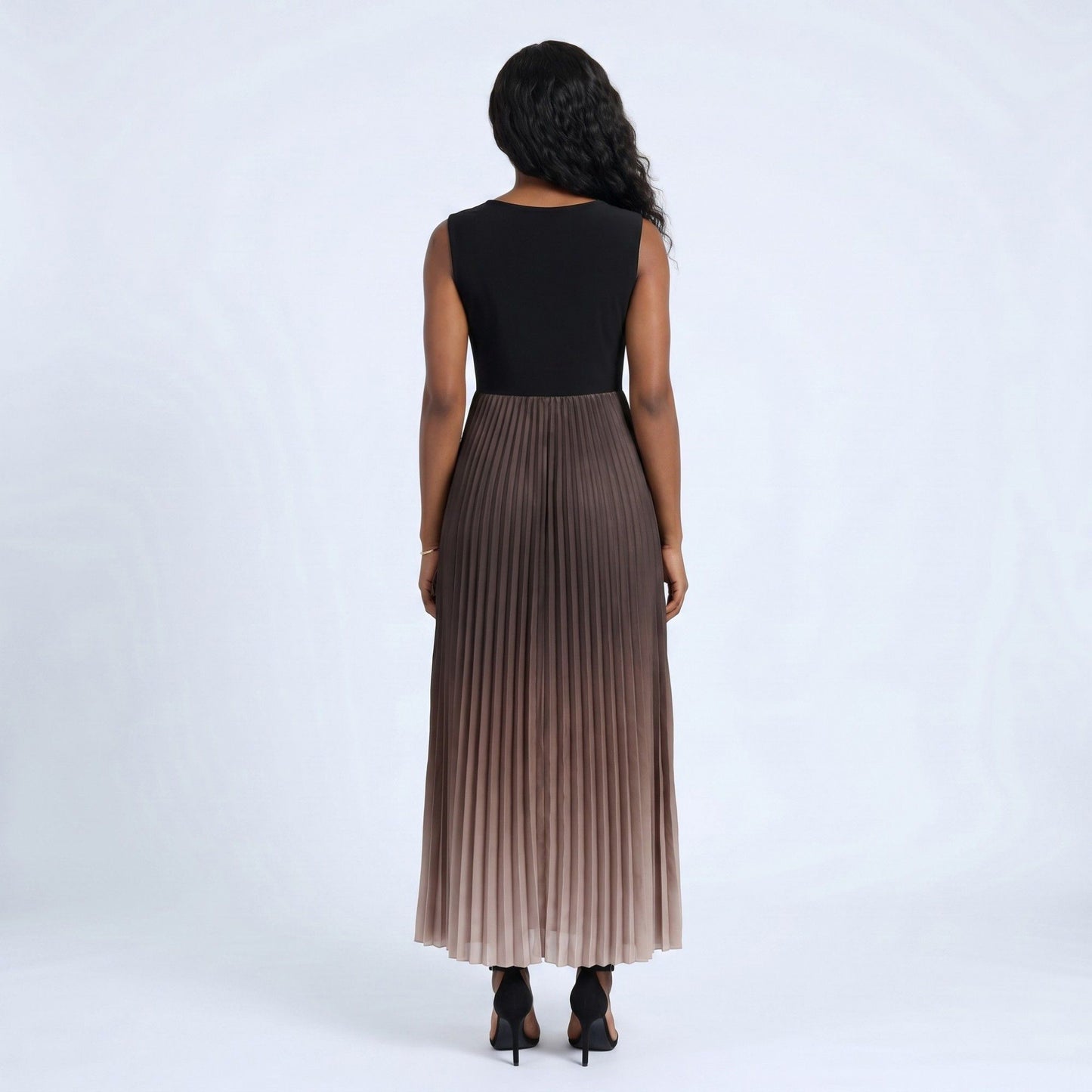 Sleeveless High Neck Pleated Ombre A-Line Maxi Dress with Flowy Skirt