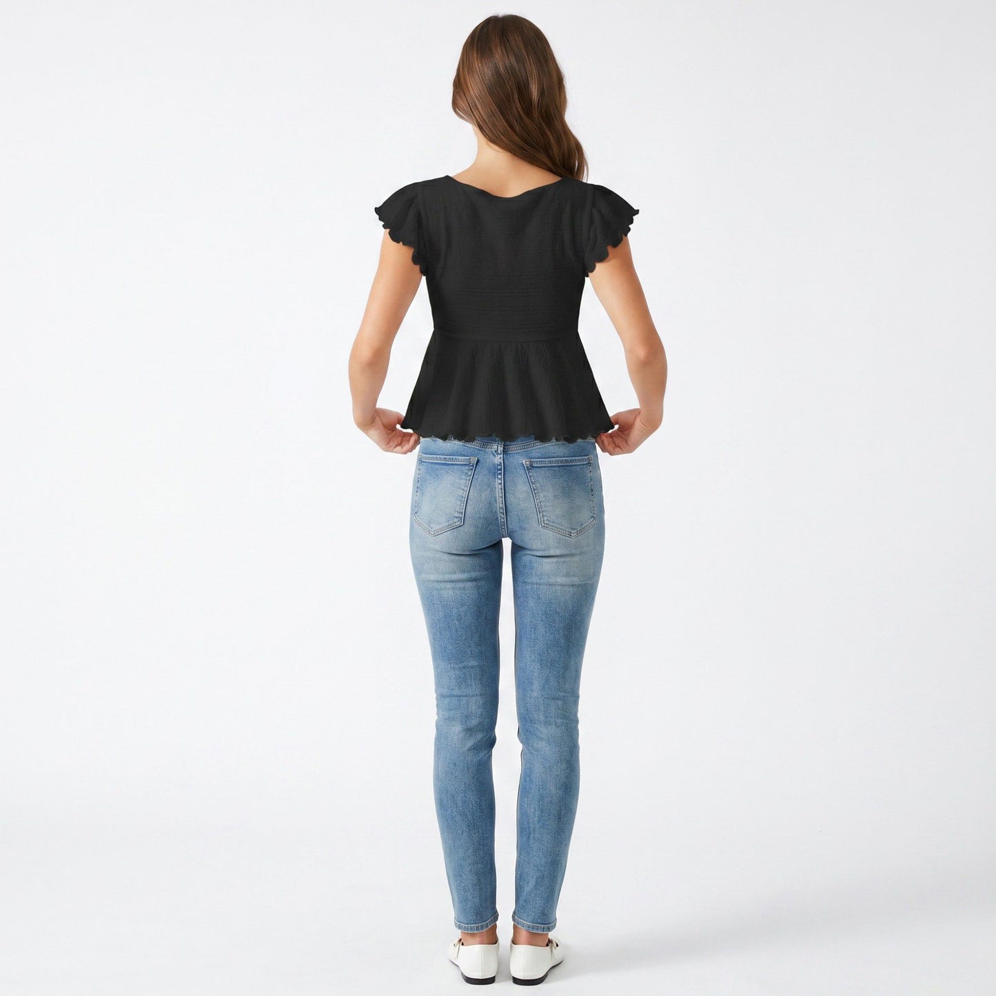 Square Neck Peplum Top with Ruffle Sleeves and Front Tie Detail