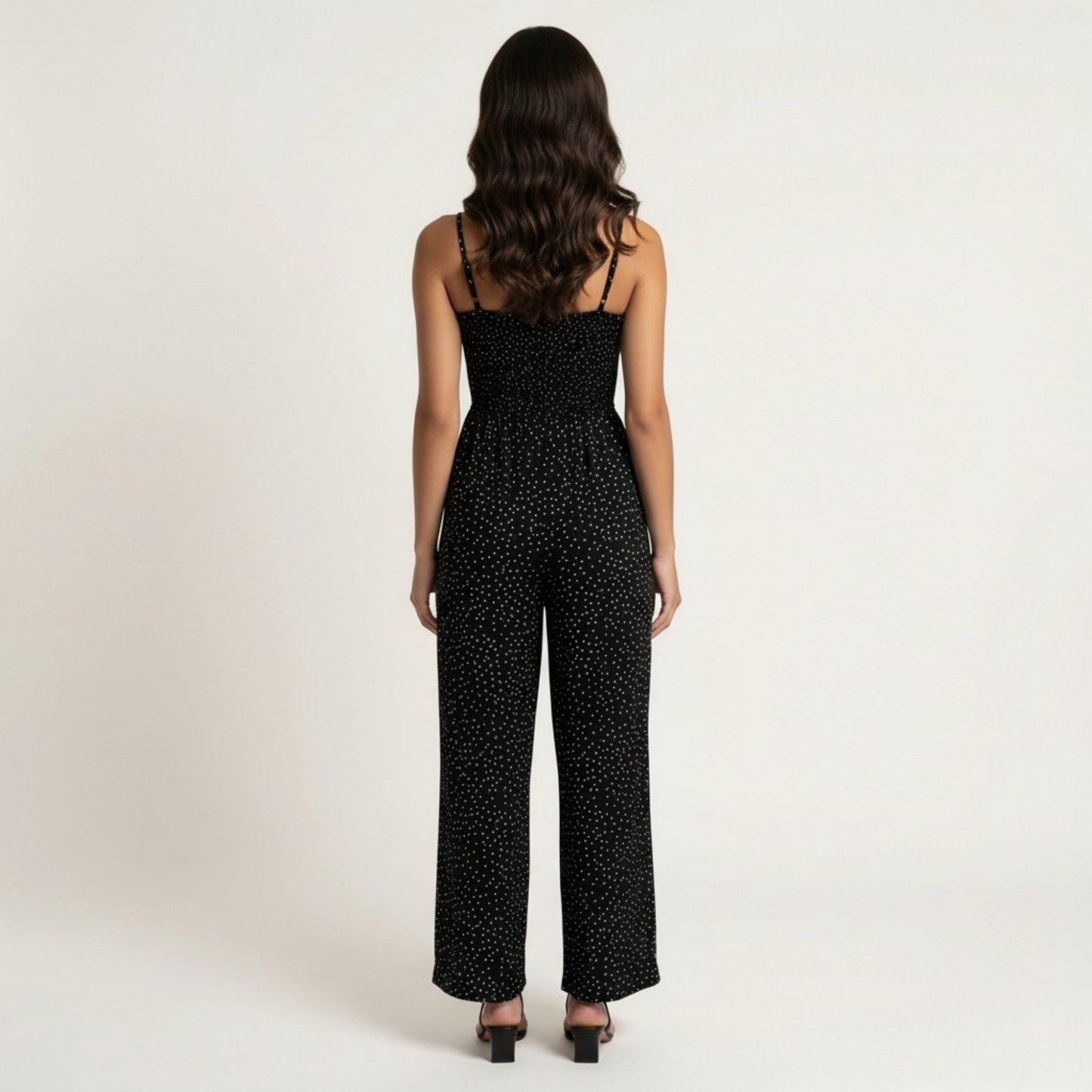 Sleeveless Polka Dot Wide Leg Jumpsuit with Spaghetti Straps Smocked Bodice Relaxed Fit