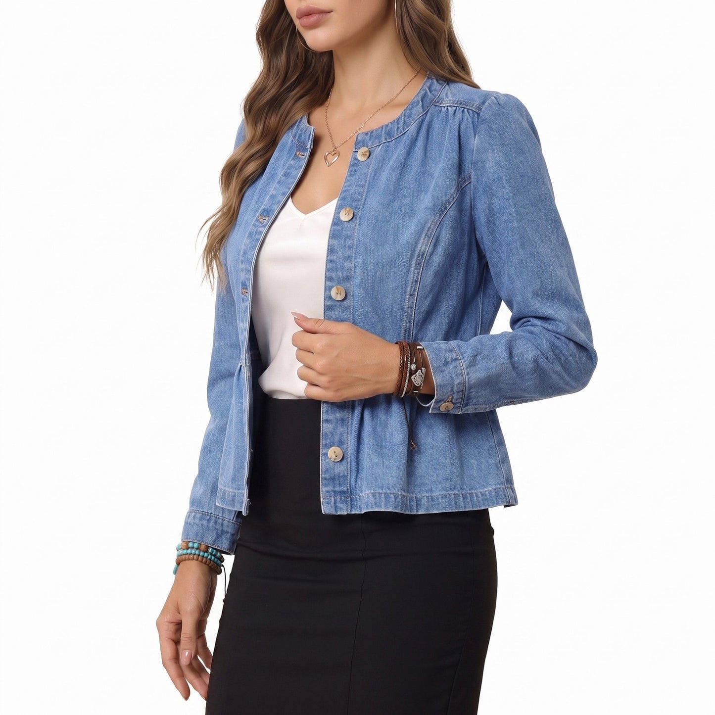Peplum Denim Jacket Long Sleeve Button Front Jean Blazer with Ruffle Waist
