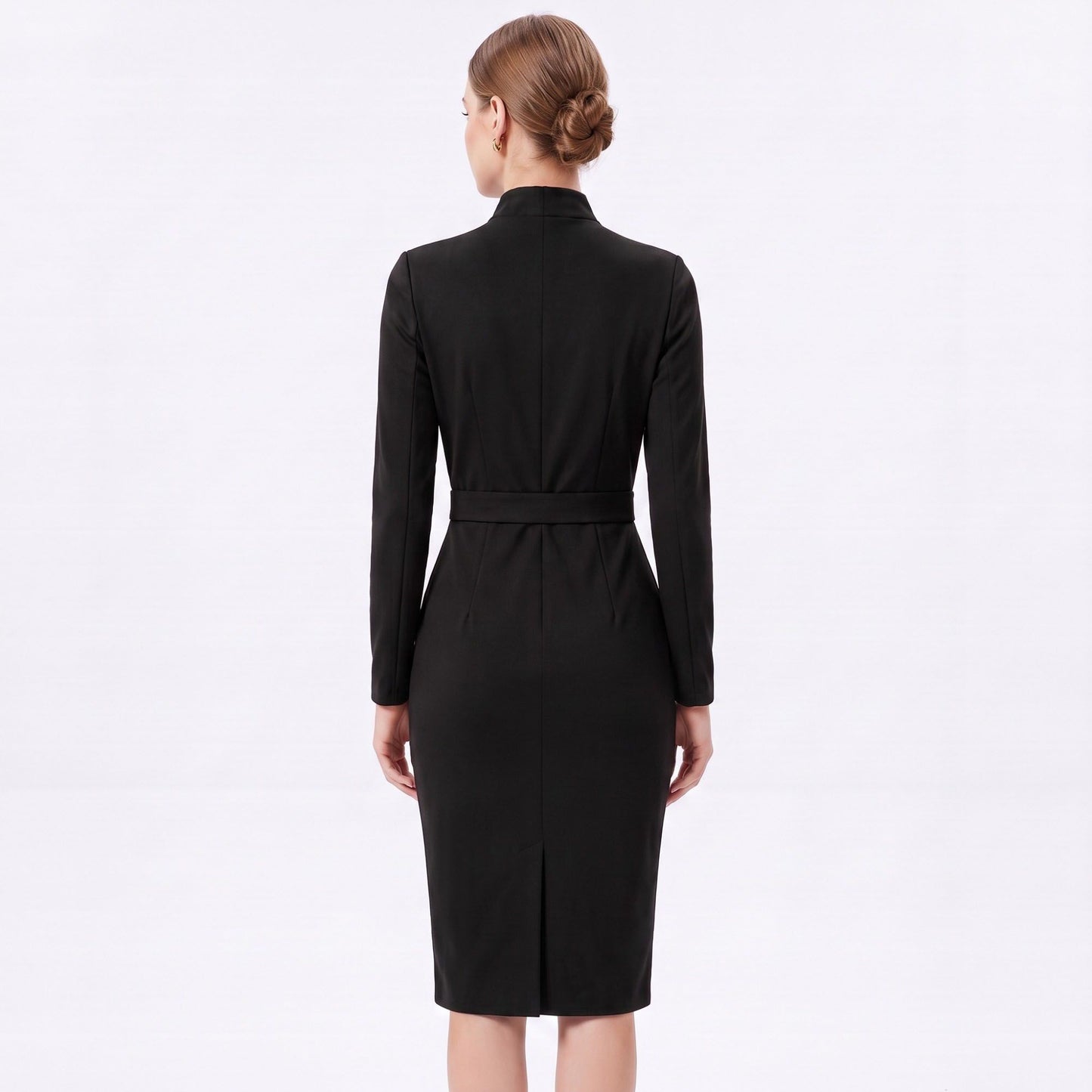 Long Sleeve Stand Collar Sheath Dress with Asymmetric Button Detail
