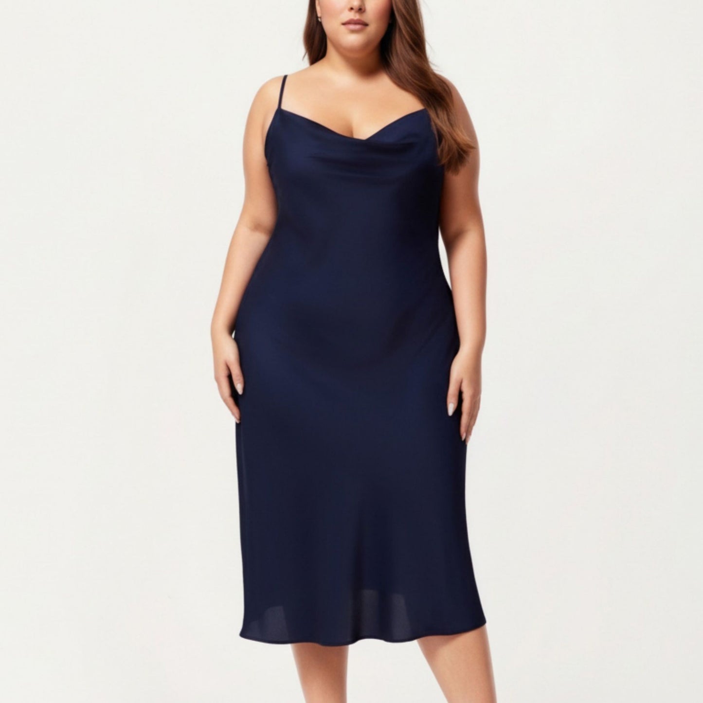 Plus Size Satin Slip Nightgown with Adjustable Spaghetti Straps Midi Length Relaxed Fit Sleepwear Dress