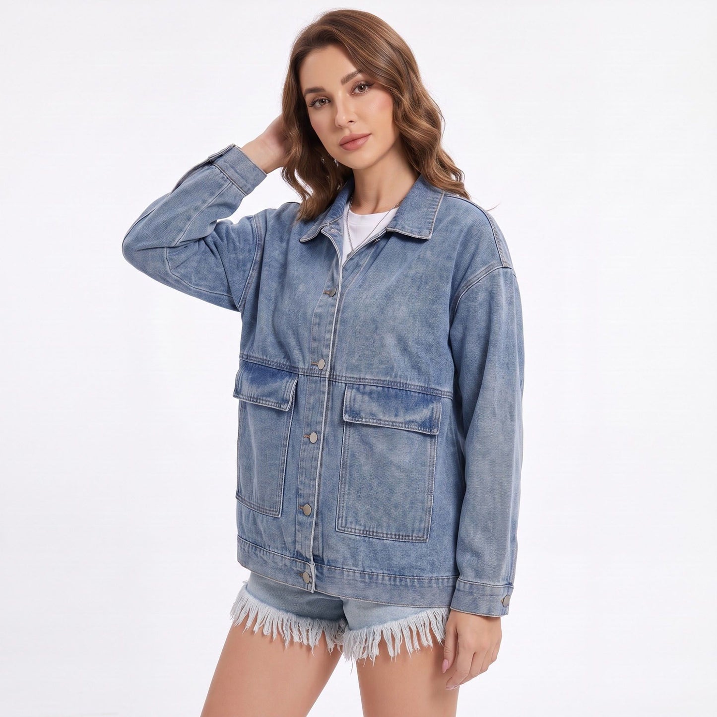 Oversized Denim Jacket Button Front Long Sleeve Jean Jacket With Patch Pockets