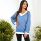 V-Neck Waffle Knit Long Sleeve Top Contrast Trim Relaxed Fit