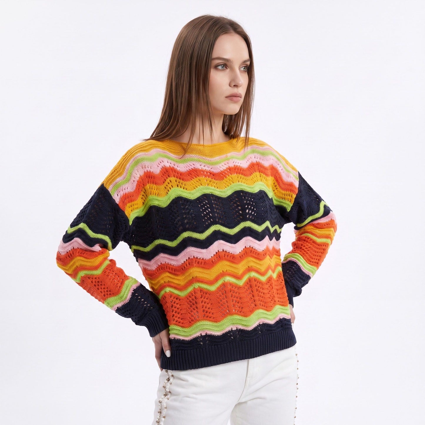 Multicolor Wave Stripe Openwork Knit Long Sleeve Pullover Sweater