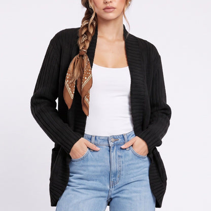 Open Front Ribbed Knit Cardigan with Pockets