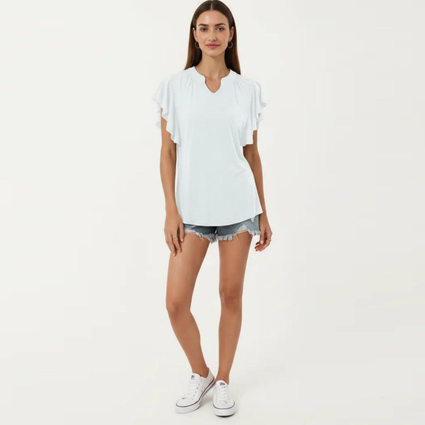 Short Sleeve Top with Flutter Ruffle Sleeves and Split V Neck Relaxed Fit Casual Shirt