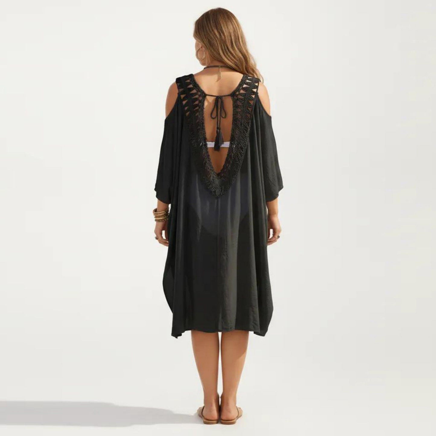 Crochet V Neck Swim Cover Up Dress with Cold Shoulder Sleeves and Relaxed Fit