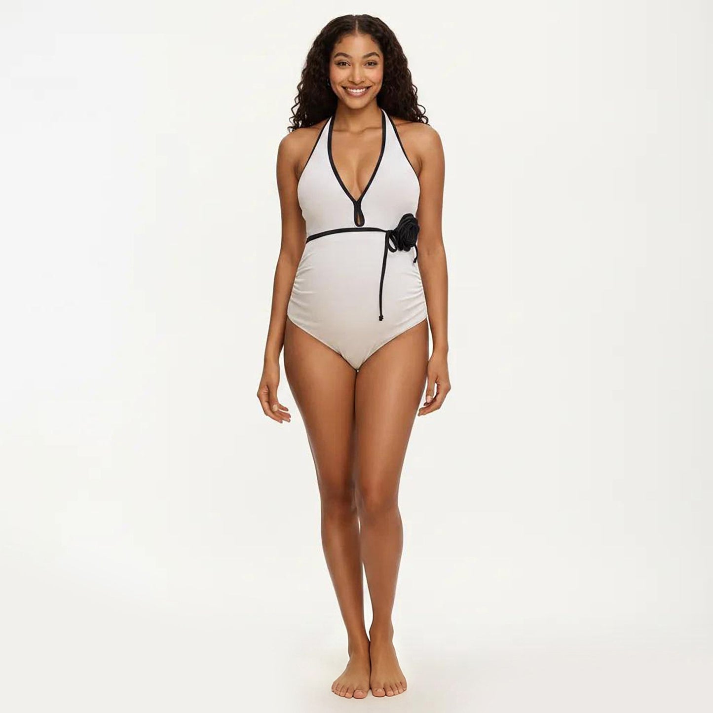 Maternity Ribbed One-Piece Swimsuit with Halter Neckline and Floral Tie Waist
