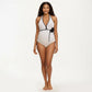 Maternity Ribbed One-Piece Swimsuit with Halter Neckline and Floral Tie Waist