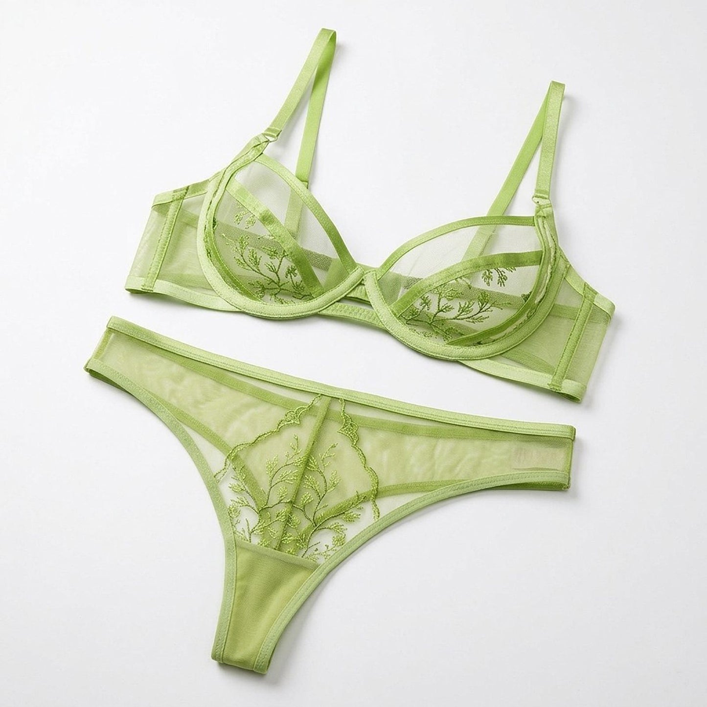 Botanical Embroidered Sheer Mesh Cutout Underwire Bra and Thong Two Piece Lingerie Set