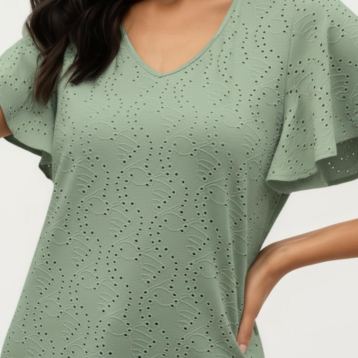 Short Sleeve Eyelet V-Neck Top with Floral Embroidery and Flutter Sleeves