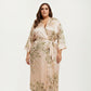 Plus Size Satin Floral Kimono Robe with Self Tie Belt Longline Open Front Lightweight Sleepwear