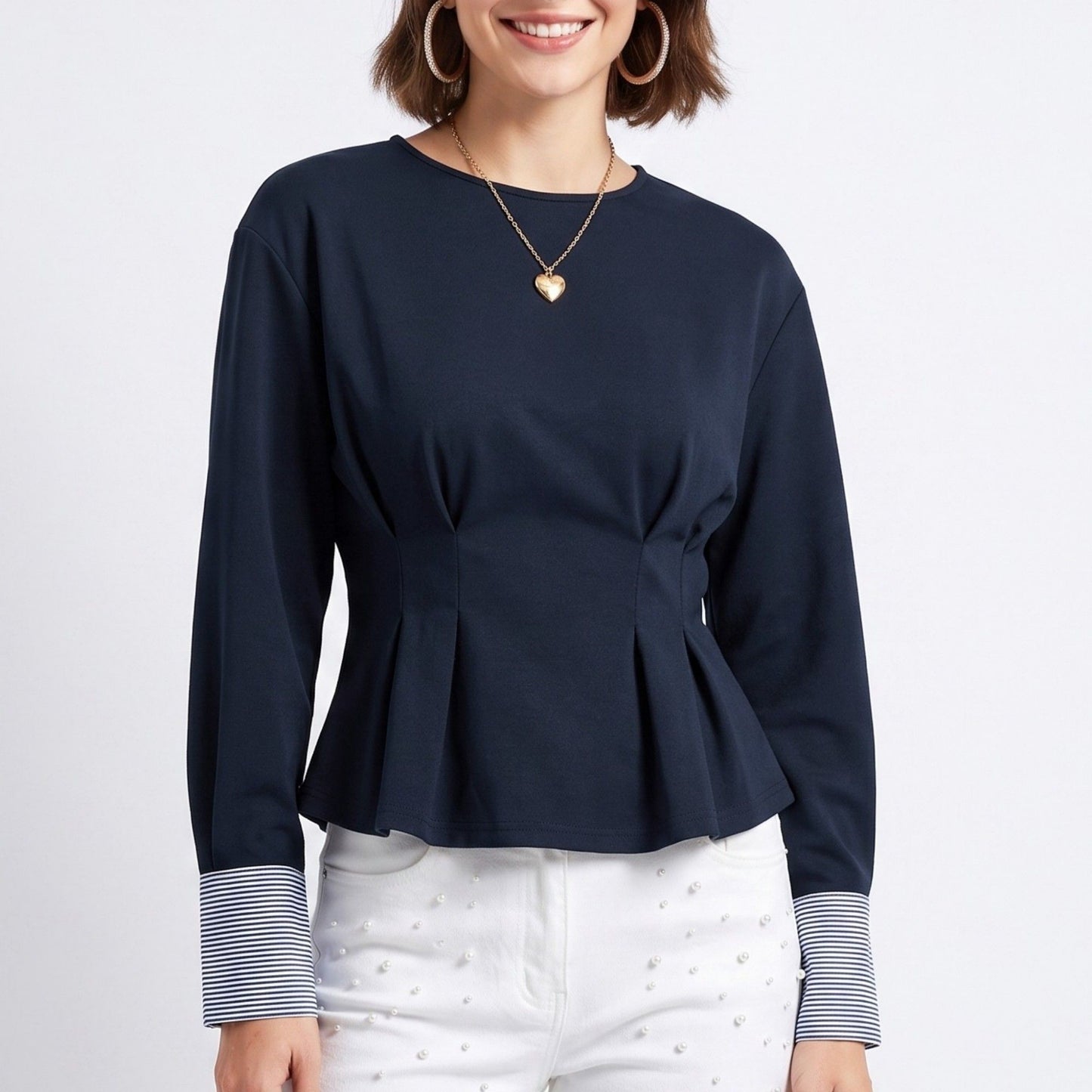 Peplum Top Crew Neck Long Sleeve Pleated Waist Contrast Stripe Cuffs