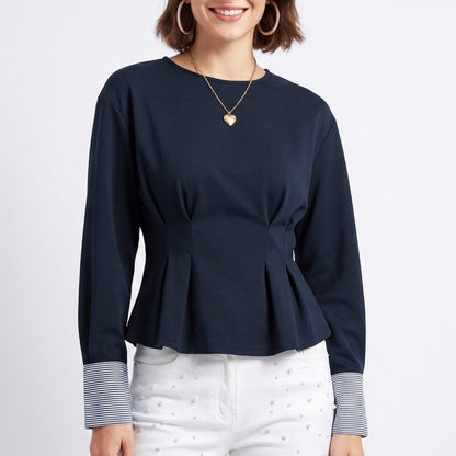 Peplum Top Crew Neck Long Sleeve Pleated Waist Contrast Stripe Cuffs