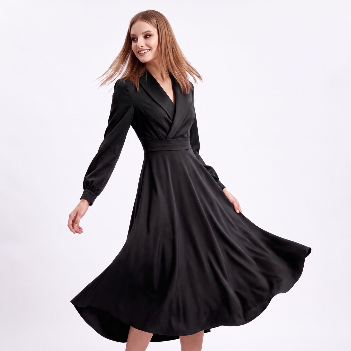 Long Sleeve Notched Collar Midi Dress with Defined Waist and Flared Skirt
