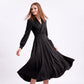 Long Sleeve Notched Collar Midi Dress with Defined Waist and Flared Skirt
