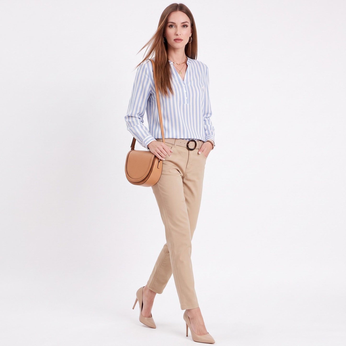 Striped Long Sleeve Split Neck Blouse with Button Placket