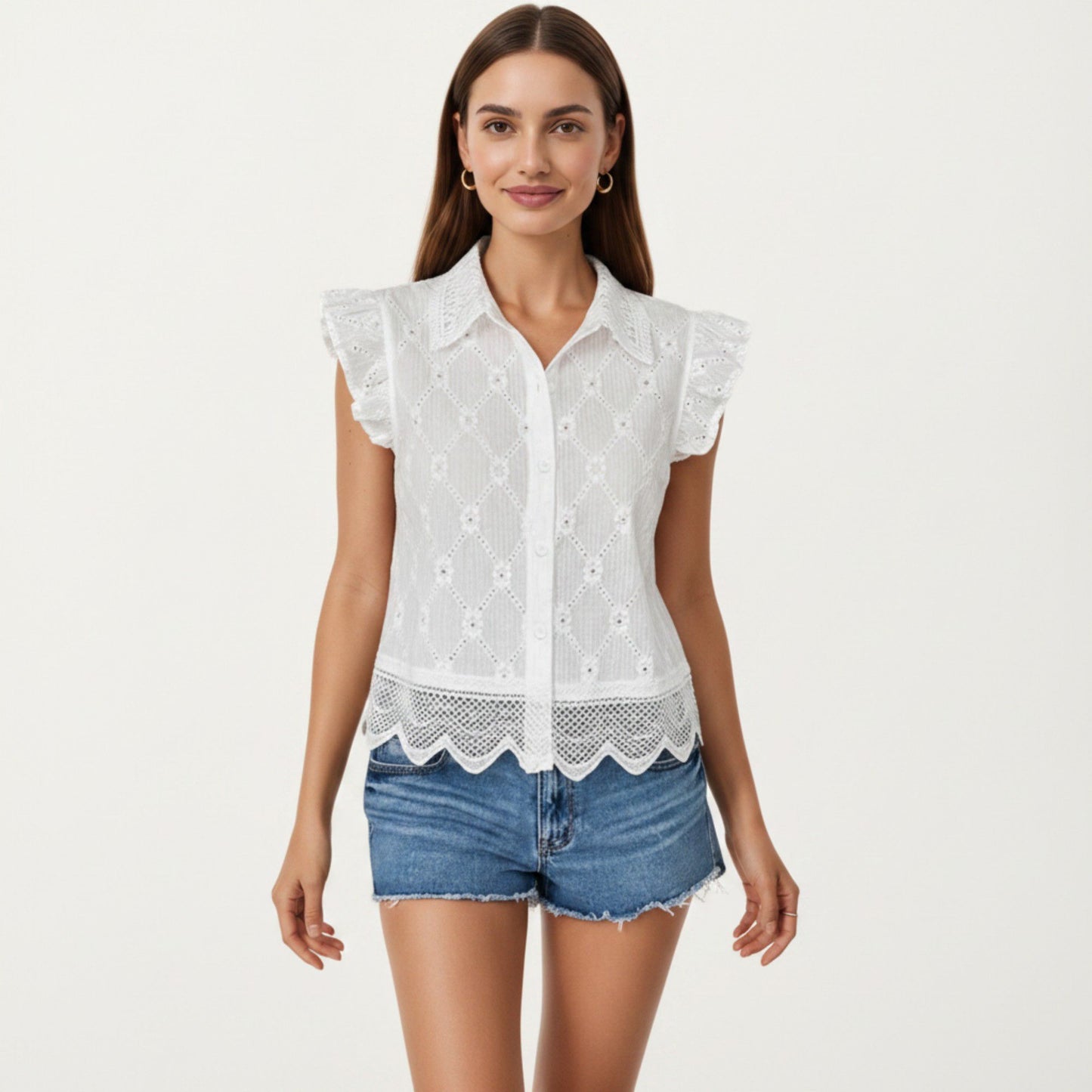 Sleeveless Button Front Eyelet Top with Ruffle Shoulders and Scalloped Hem