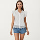 Sleeveless Button Front Eyelet Top with Ruffle Shoulders and Scalloped Hem