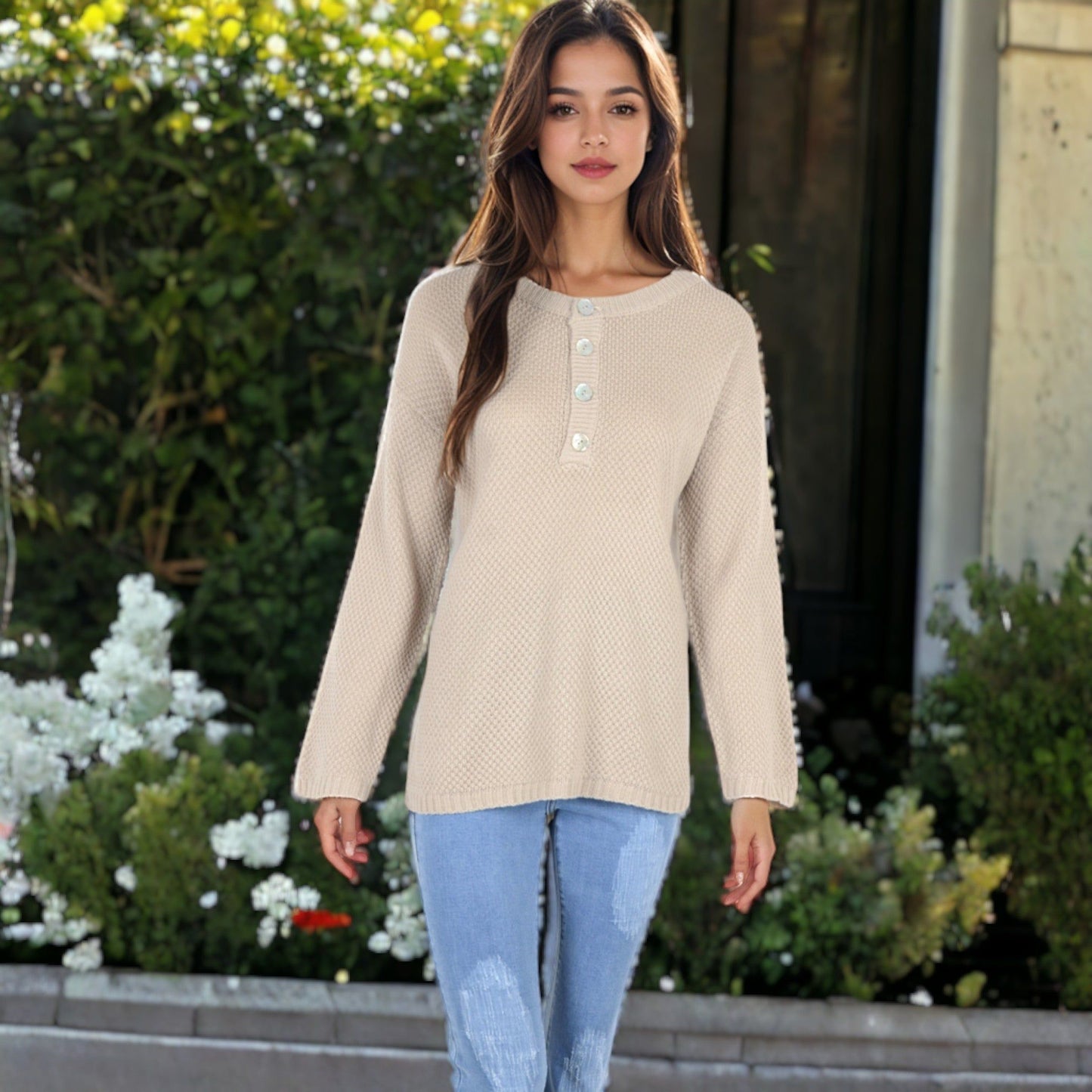 Contrast Half Button Henley Down Long Sleeve Sweater