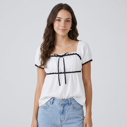 Square Neck Puff Sleeve Blouse Bow Tie Lace Trim Smocked Peplum Top
