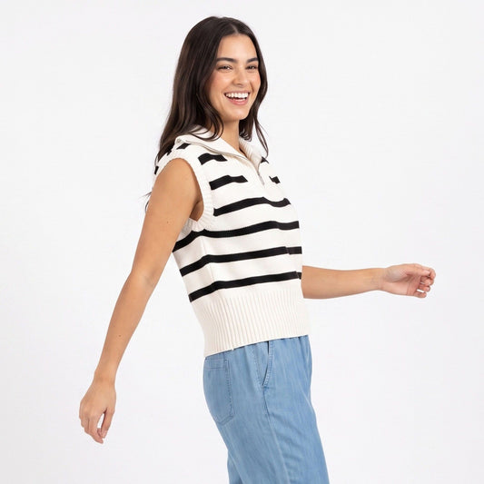 Striped Quarter Zip Sleeveless Sweater Vest