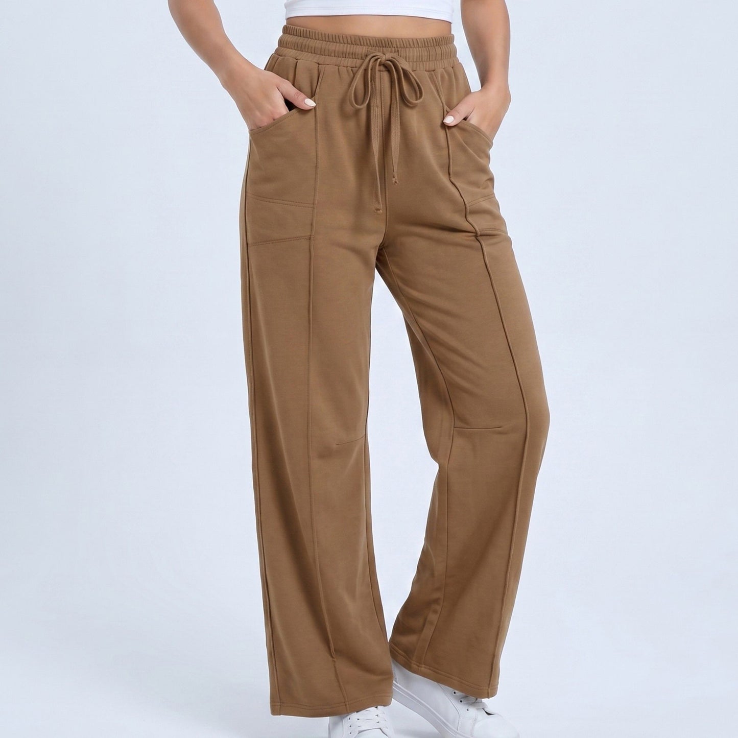 High Rise Drawstring Wide Leg Utility Pants with Patch Pockets