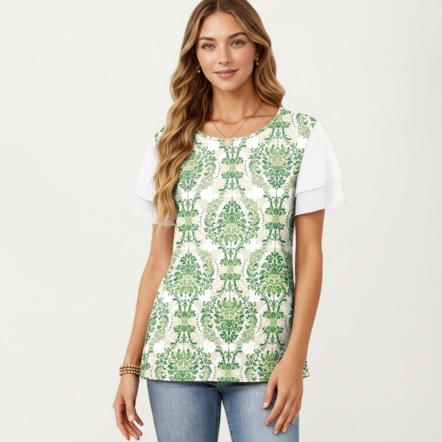 Short Sleeve Top with Leopard Print Mesh Sleeves Round Neck Relaxed Fit Casual Shirt