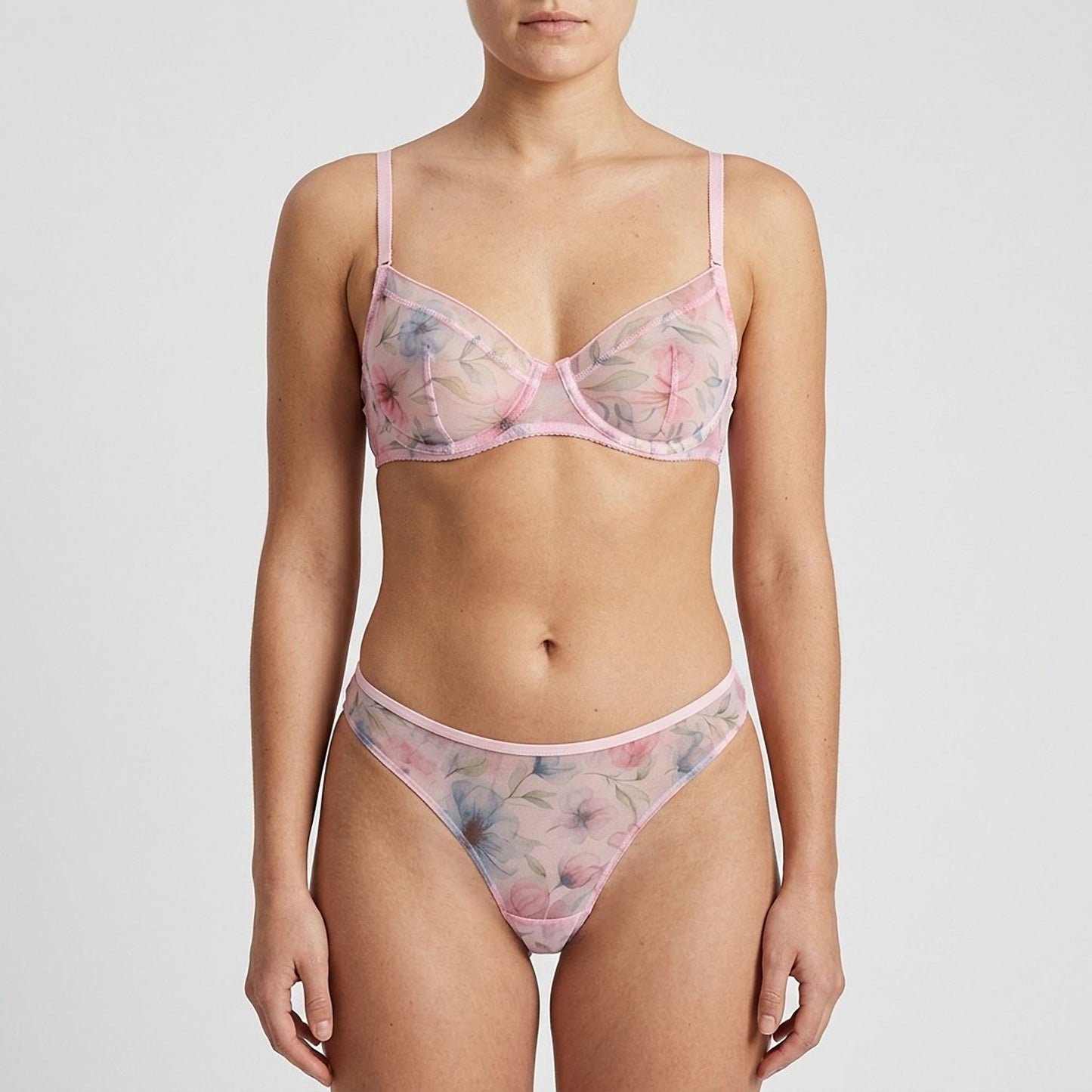 Floral Print Sheer Mesh Underwire Bra and Panty Two Piece Lingerie Set