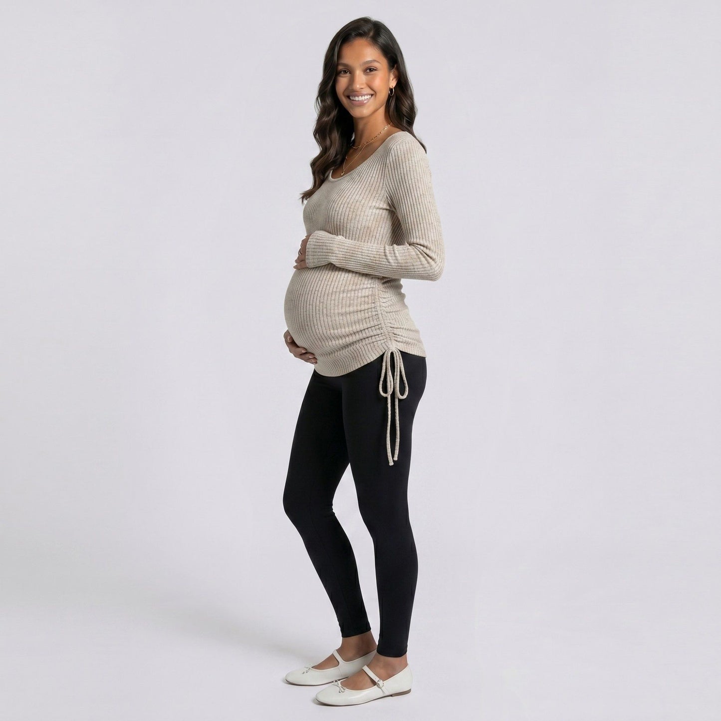 Maternity Ribbed Long Sleeve Top with Scoop Neck and Side Ruched Tie Detail