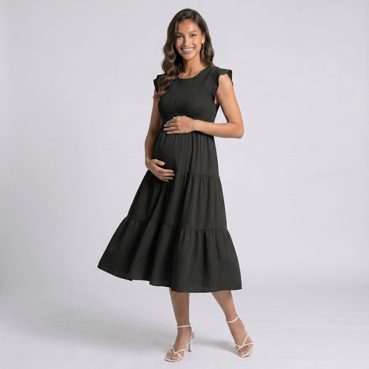 Maternity Smocked Tiered Midi Dress with Cap Sleeves and Round Neck