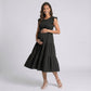 Maternity Smocked Tiered Midi Dress with Cap Sleeves and Round Neck