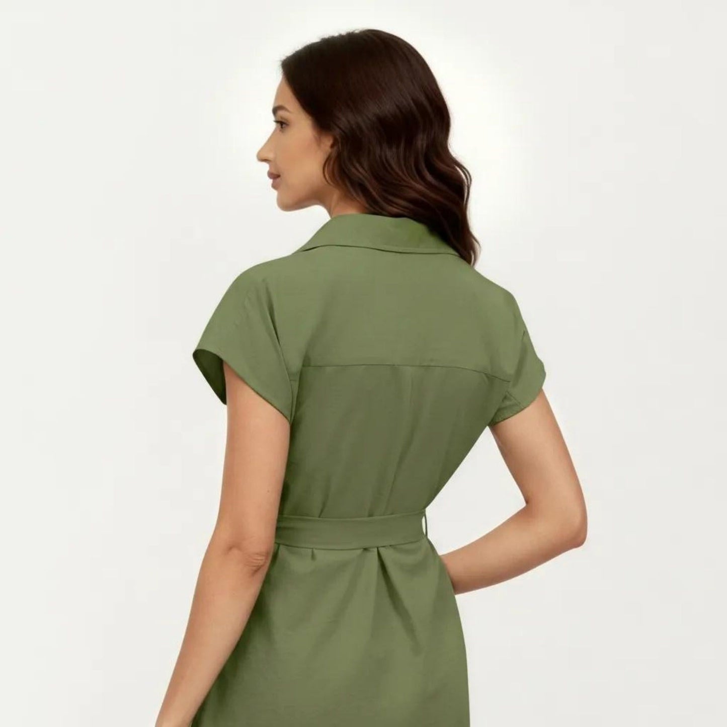 Short Sleeve Button Front Shirt Dress with Collared Neckline and Adjustable Waist Tie