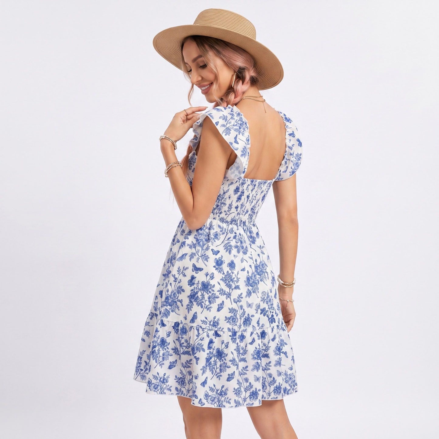 Floral Print Smocked Ruffle Strap Mini Dress