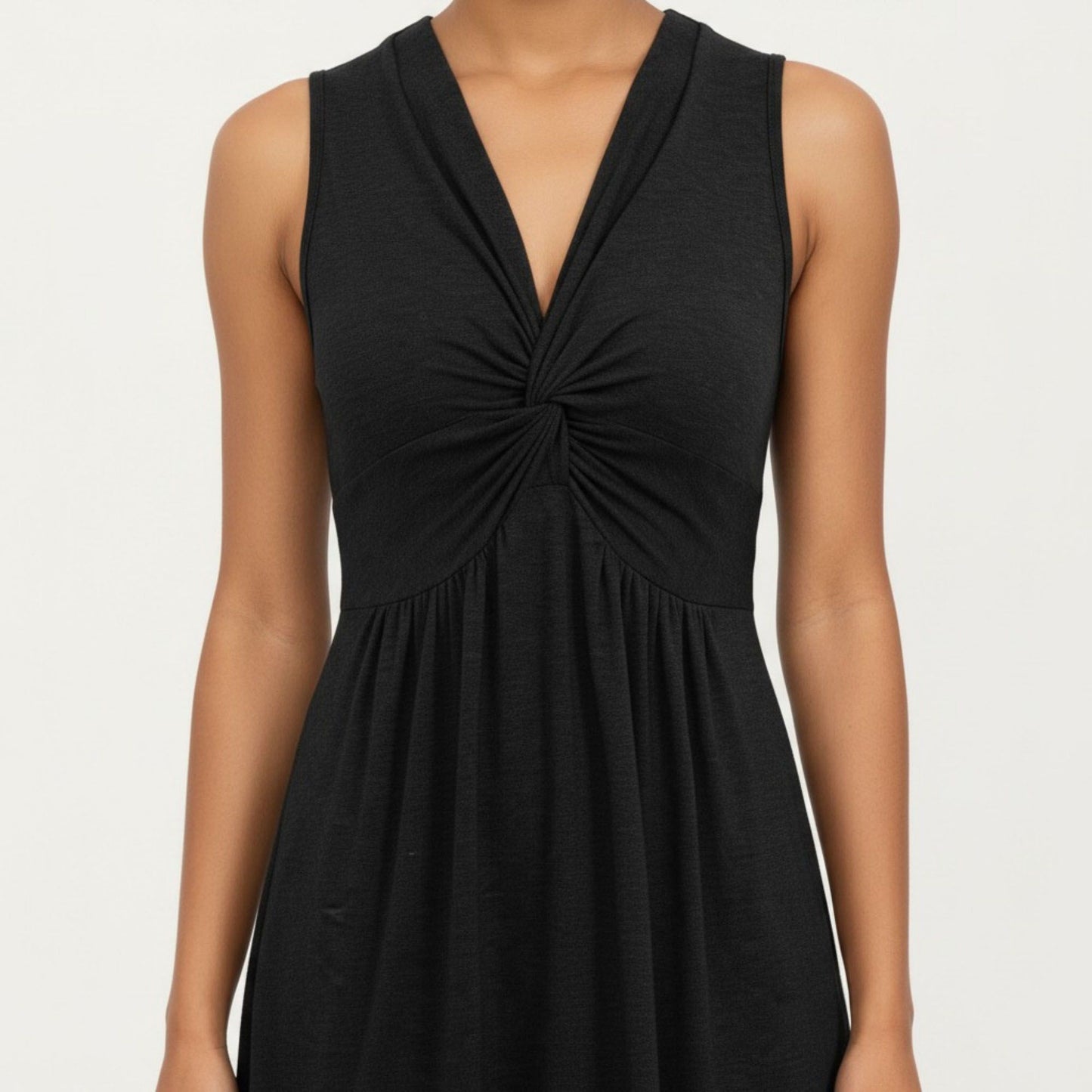 Sleeveless V Neck Midi Dress with Front Twist Detail and Flowy A Line Silhouette