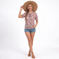 Floral Bow Neck Blouse Short Sleeve Ruffle Cuff Button Top