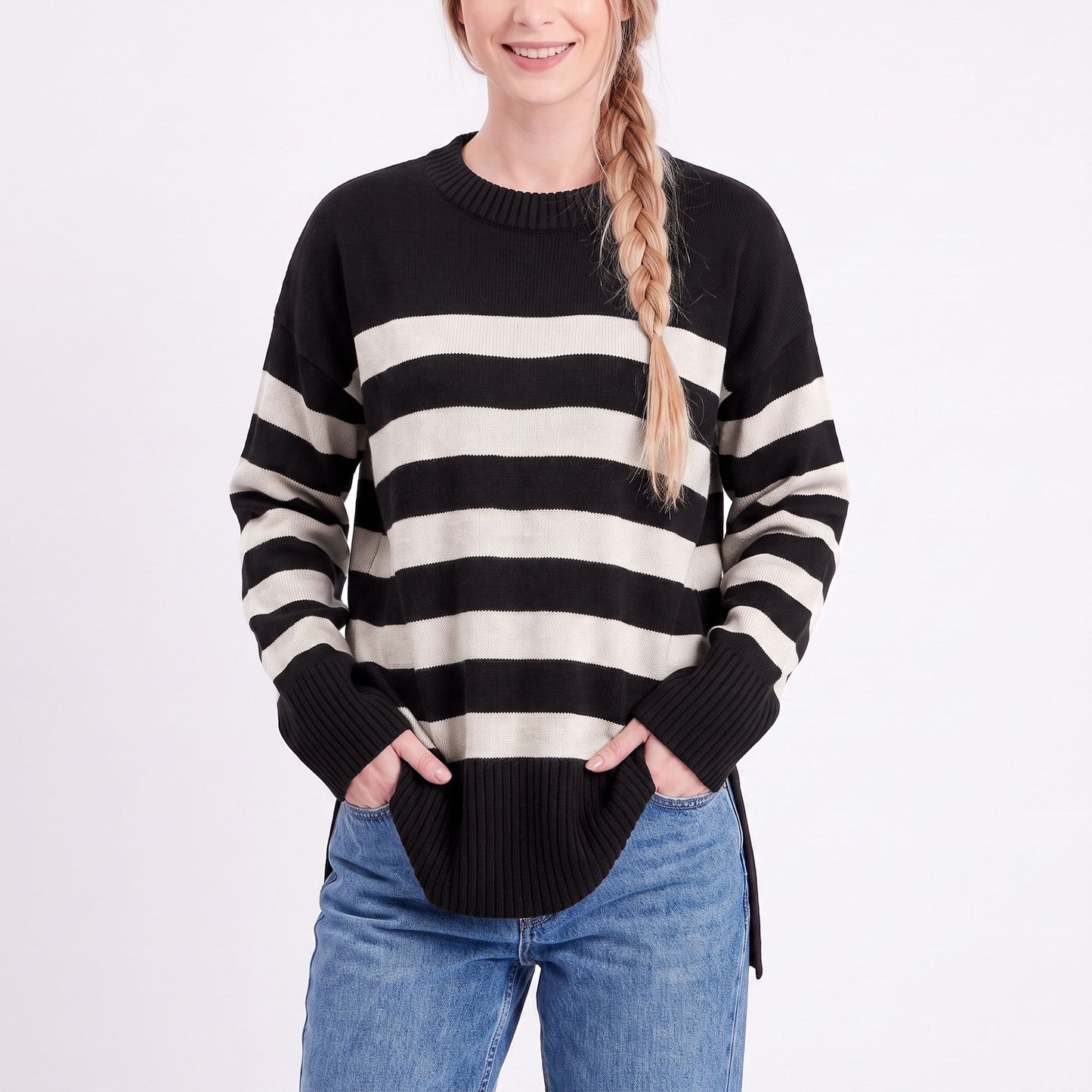 Oversized Striped Crewneck Side Slit Tunic Sweater