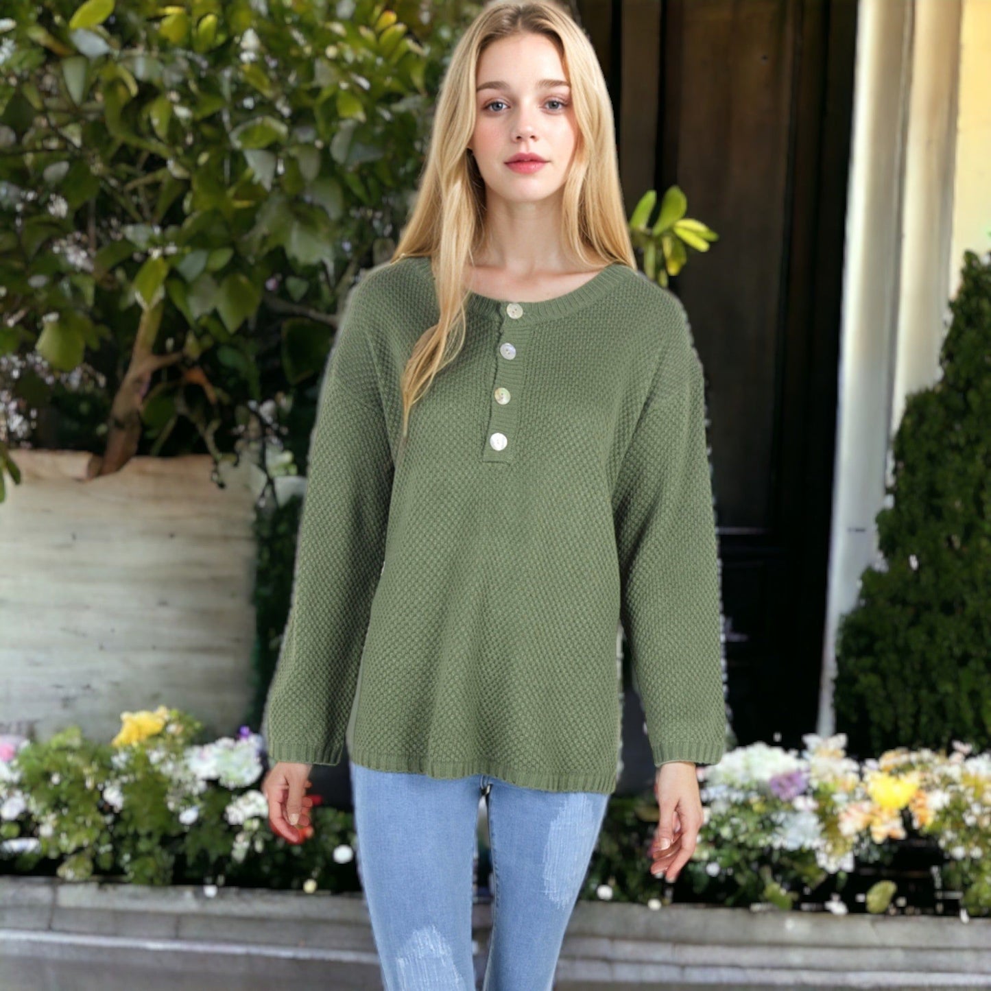 Contrast Half Button Henley Down Long Sleeve Sweater