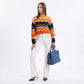Multicolor Wave Stripe Openwork Knit Long Sleeve Pullover Sweater
