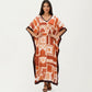 Abstract Print Maxi Caftan Dress with V-Neckline Short Sleeves and Relaxed Draped Silhouette