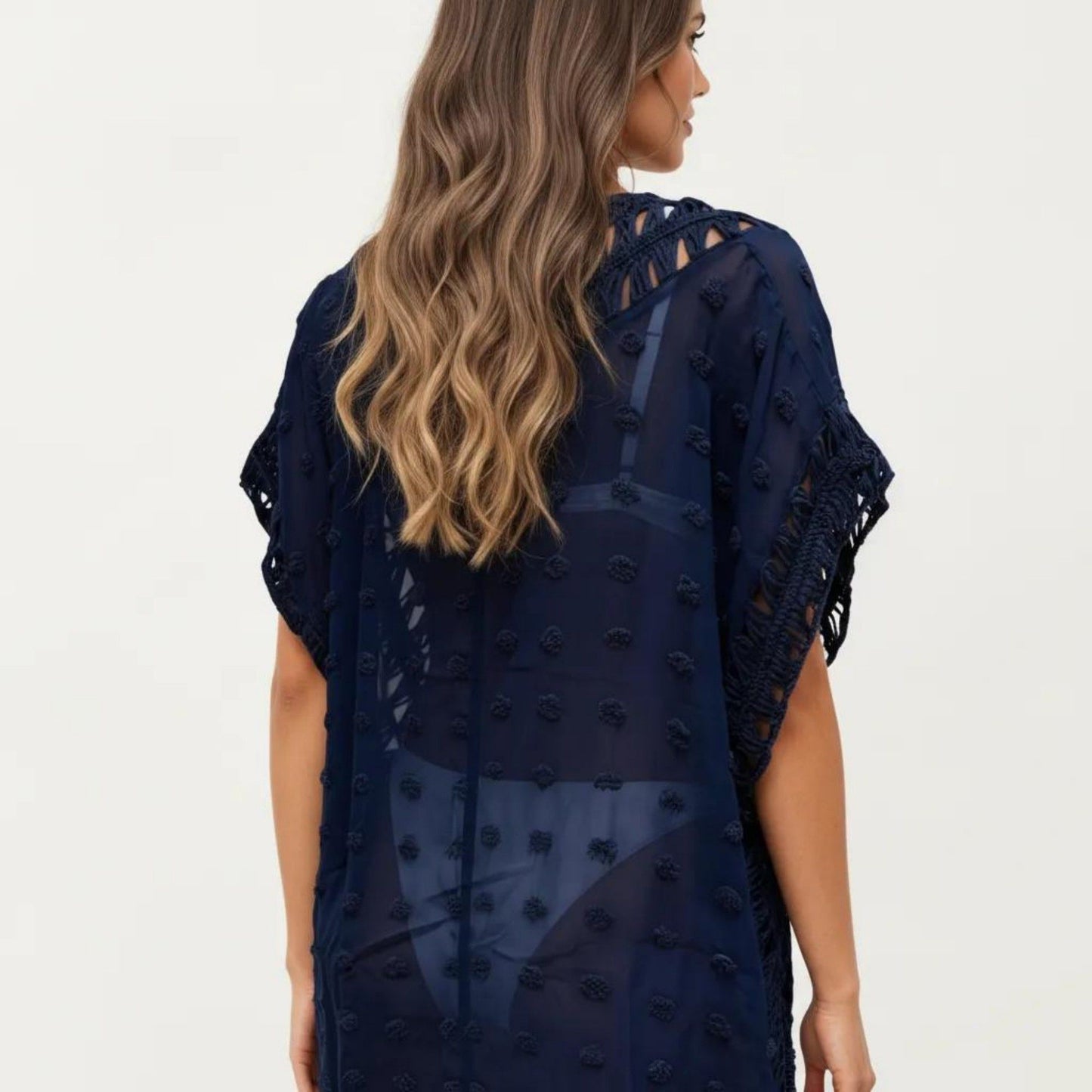 Sheer Crochet Trim Cover Up Dress with Tassel Detail Relaxed Fit and Short Sleeves