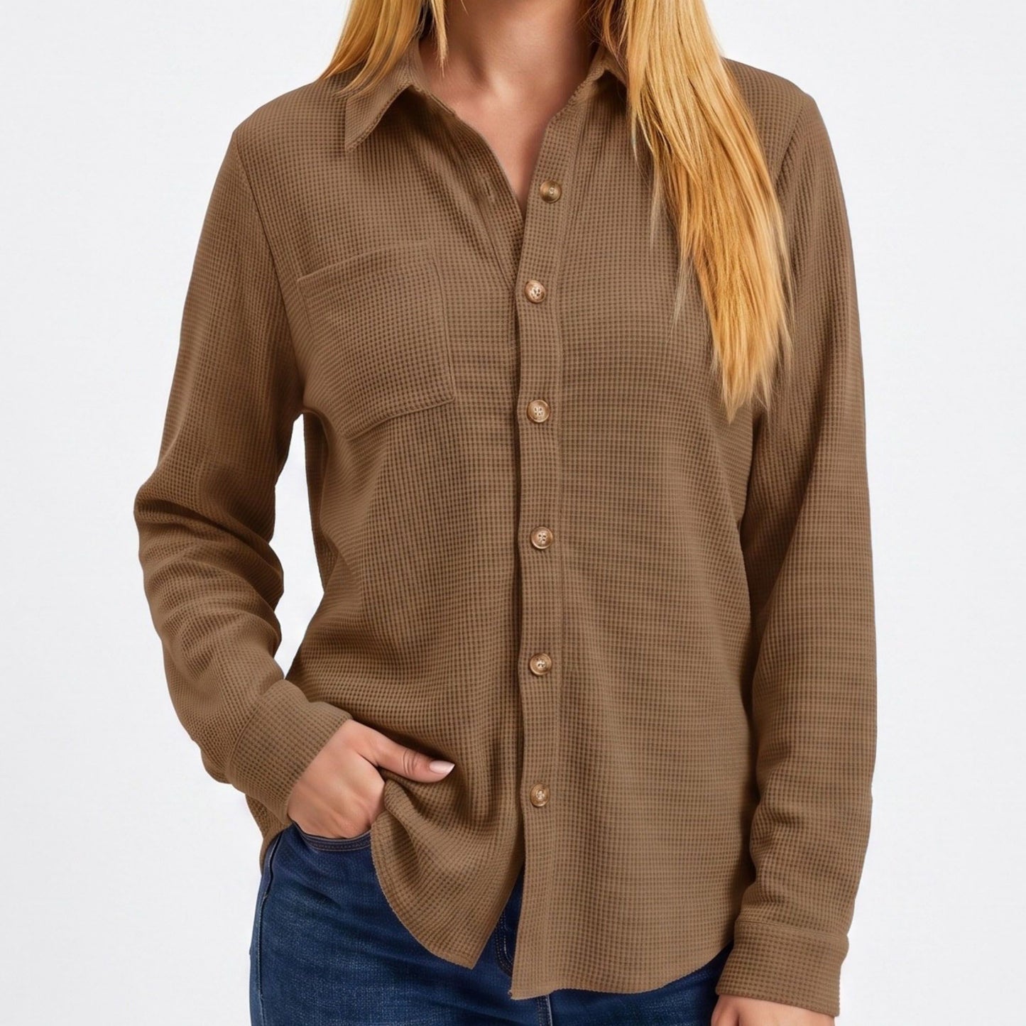 Textured Button Front Long Sleeve Shirt with Chest Pocket