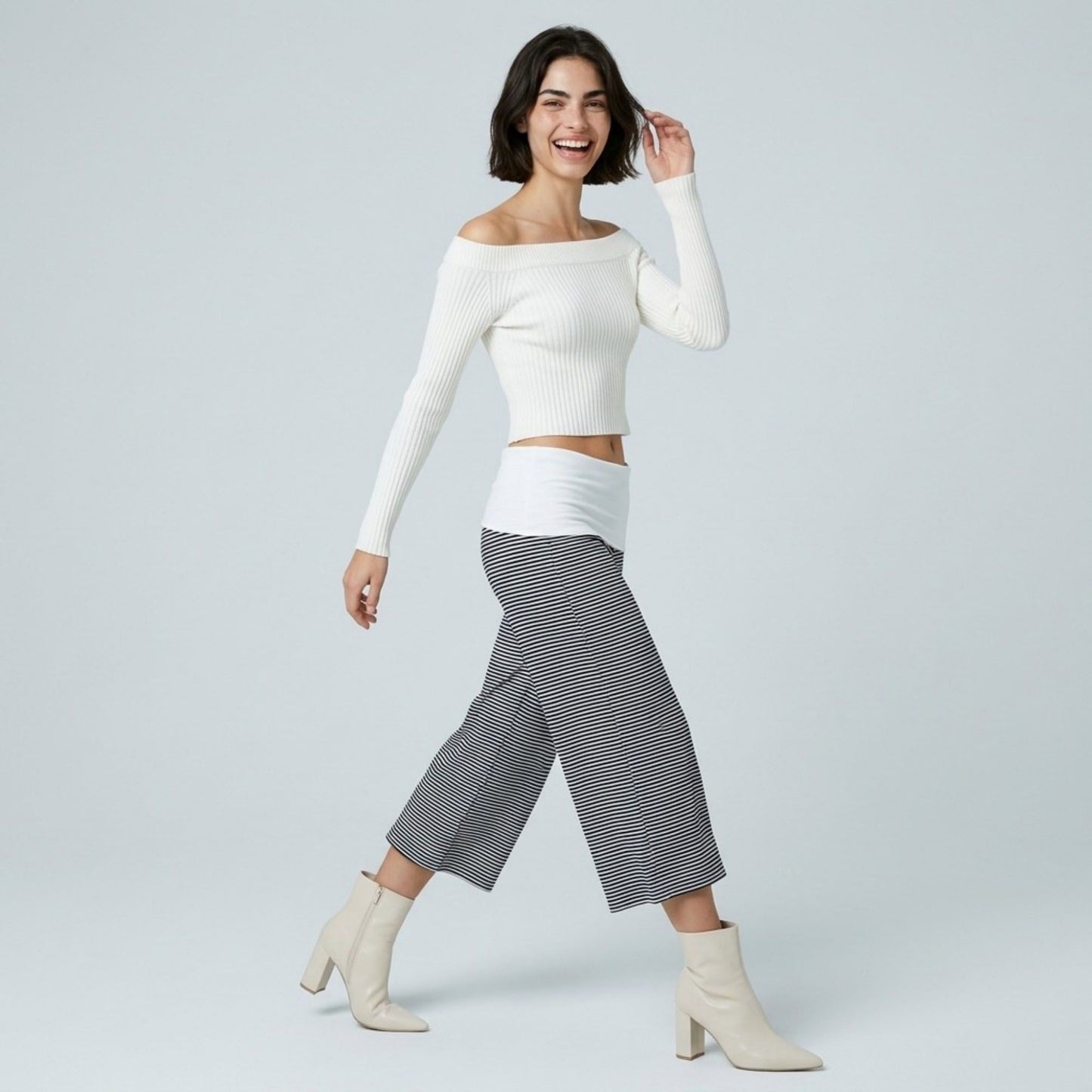 Contrast Foldover Waistband Striped Cropped Wide-Leg Trousers