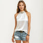 Satin Halter Top with Faux Pearl Neckline and Smooth Draped Finish