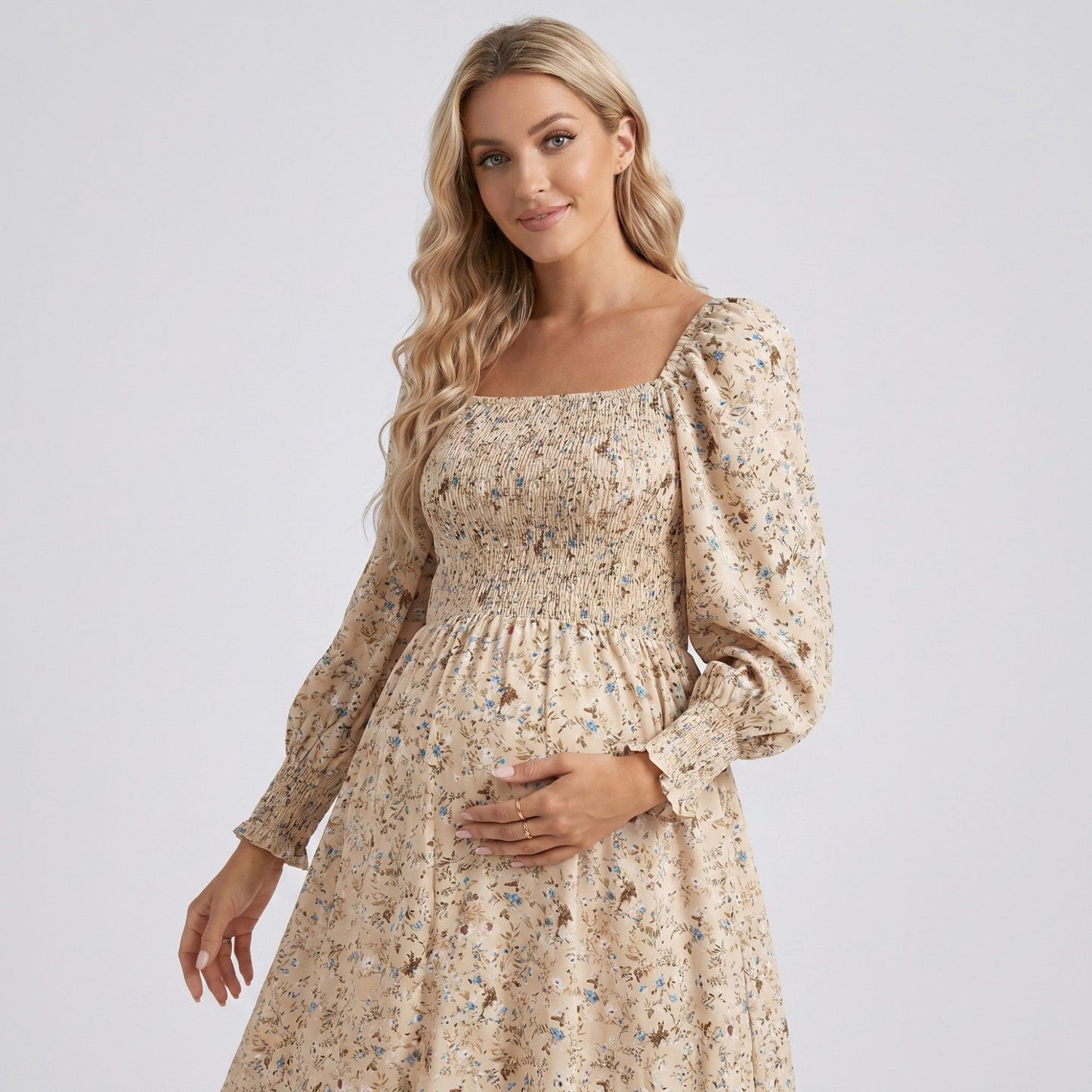 Maternity Floral Square Neck Midi Dress with Long Sleeves and Smocked Bodice