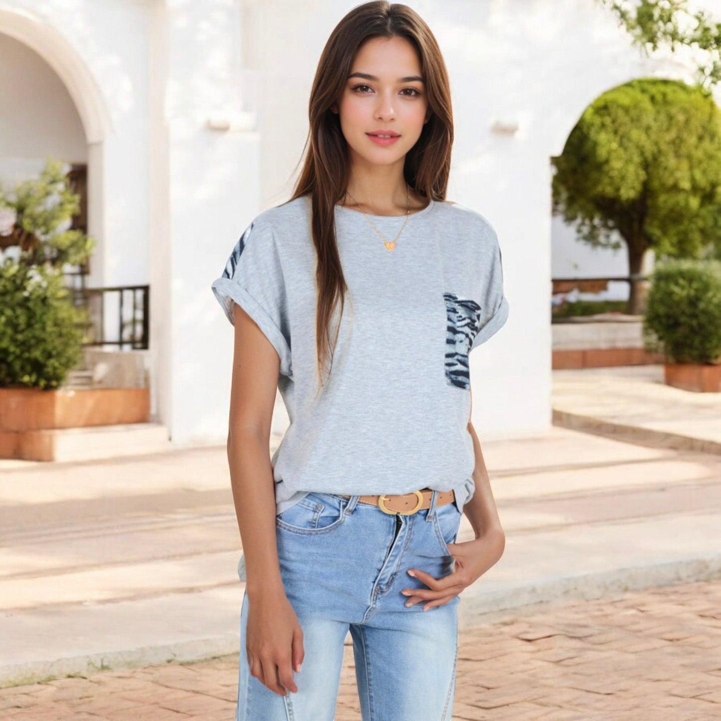 Short Sleeve Zebra Print Top with Rolled Cuffs